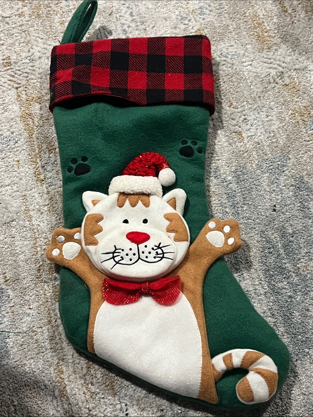 Green Cat Holiday Pet Stocking with Buffalo Plaid Cuff